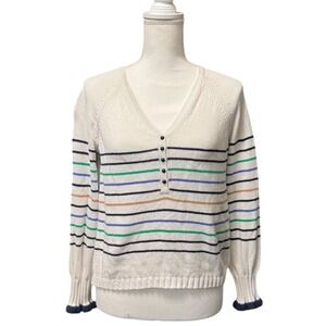 NIC+ZOE White Striped Henley Sweater‎ PM Nautical Preppy Coastal Chic